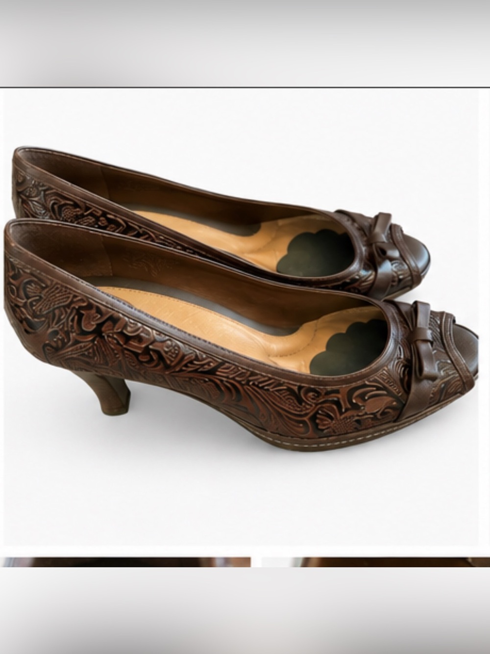 Brown Embossed Leather Peep-Toe Mid Heels